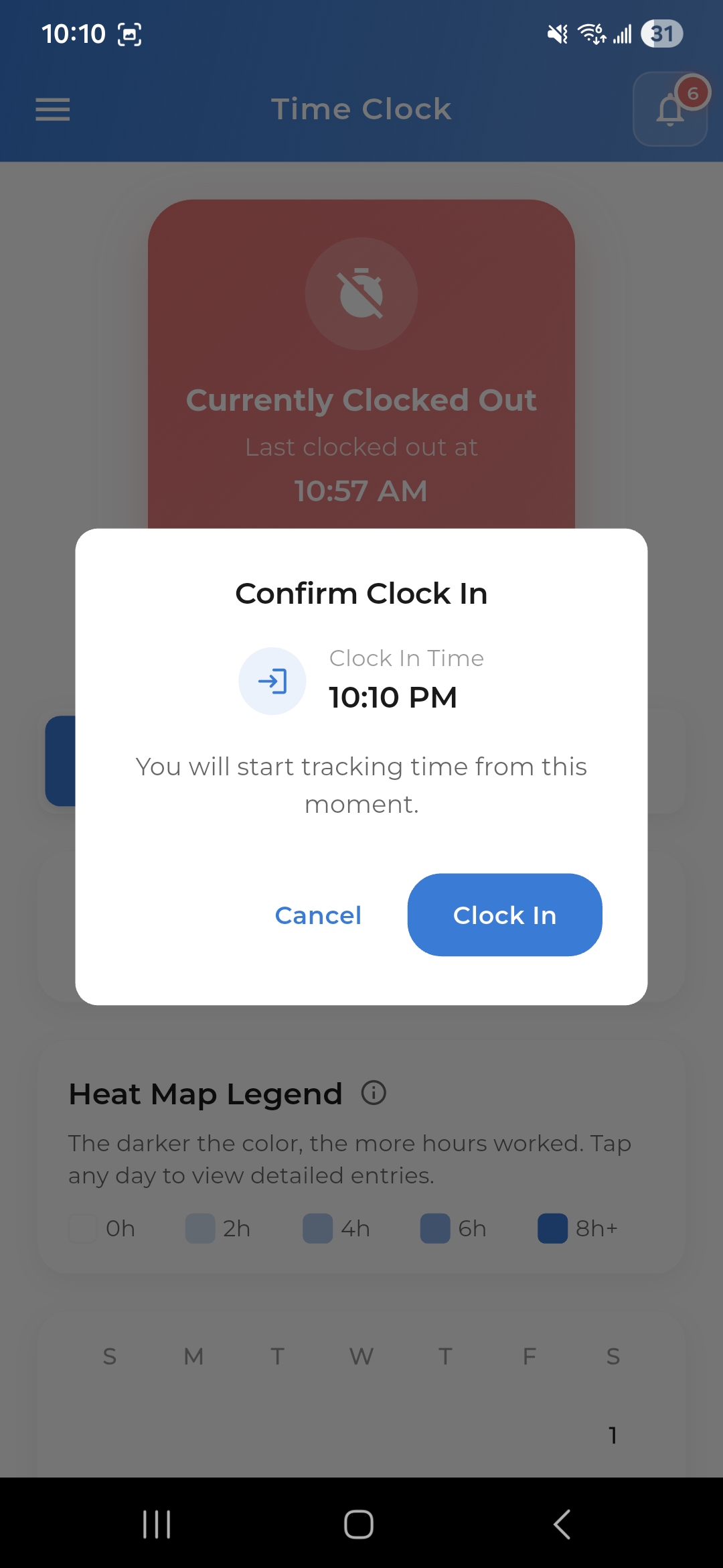 Shyft Pro mobile app time clock interface for field technician time tracking