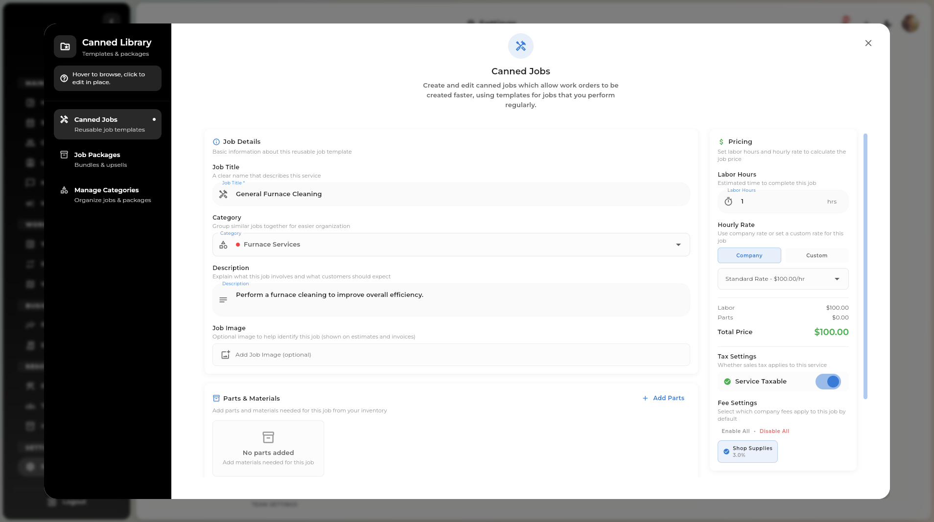 Canned jobs library showing pre-configured job templates