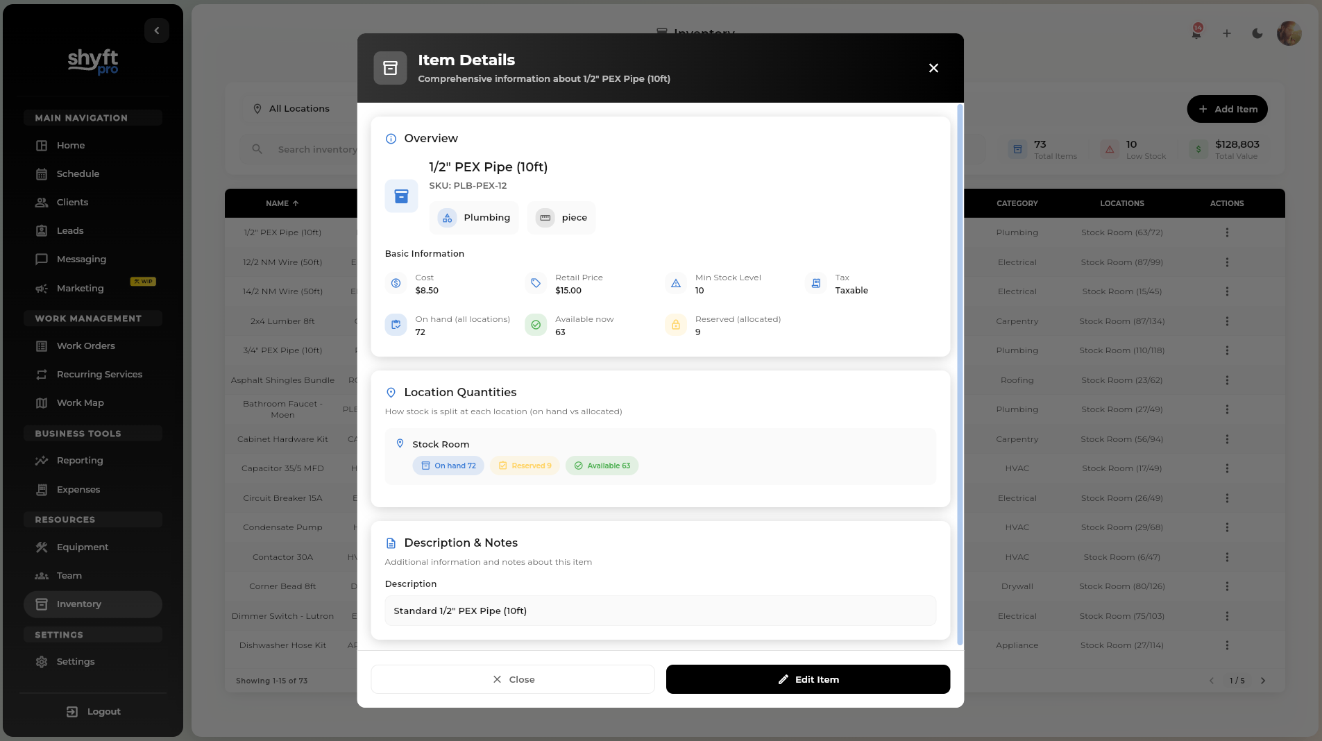 Inventory item detail with stock transfers