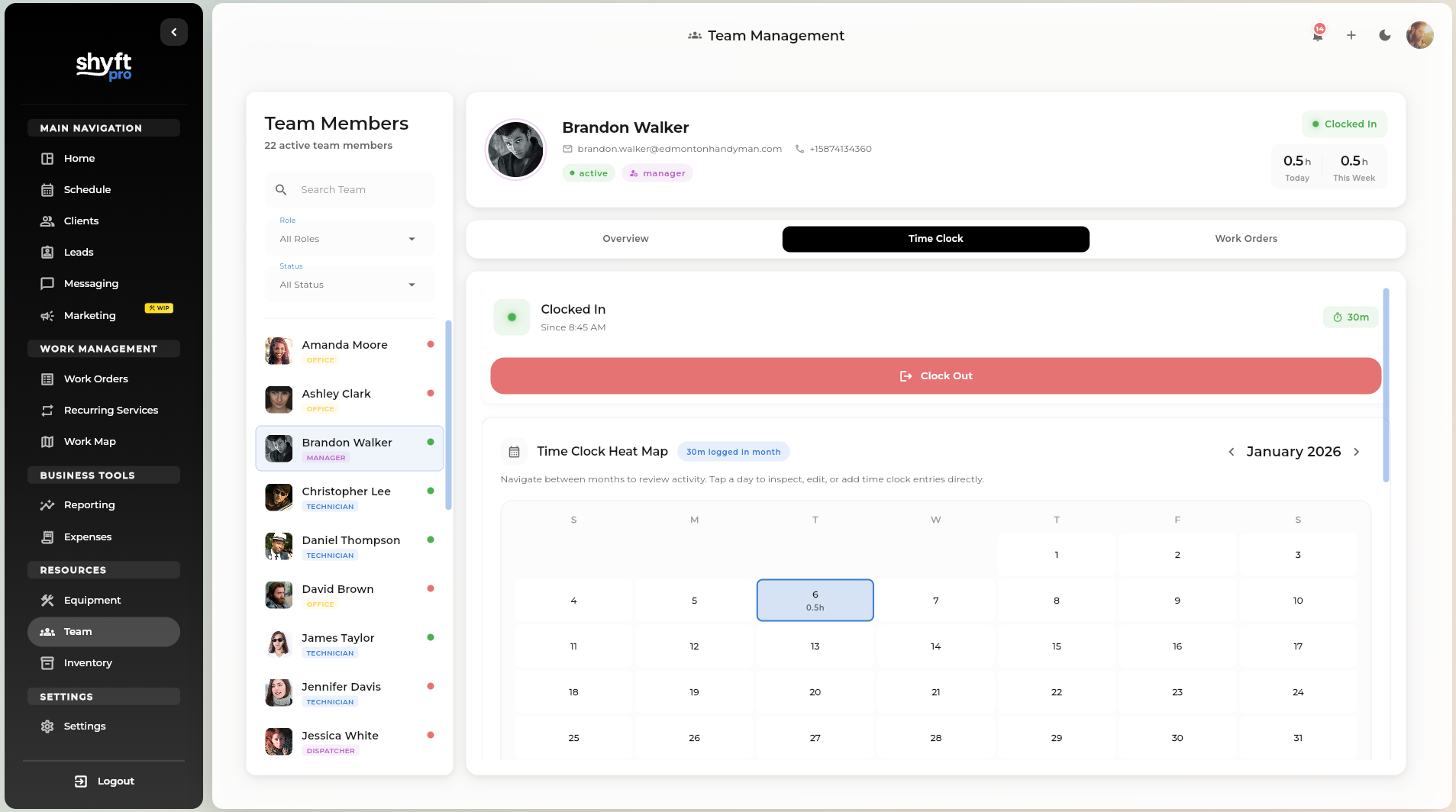 Shyft Pro team management with time clock and employee status